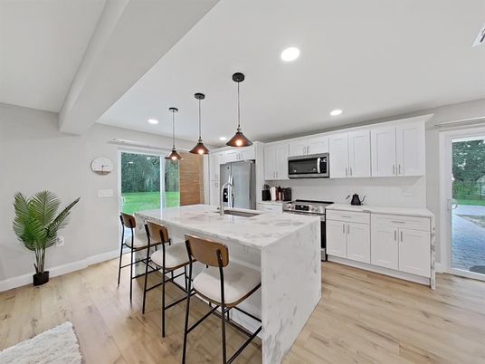 Interior, Kitchen, Pendant Lights, Recessed Lighting, Stainless Steel Appliances, Wood Texture Flooring