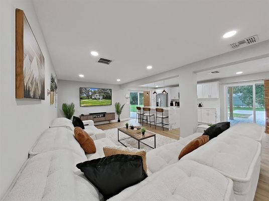 Interior, Kitchen, Living room, Pendant Lights, Recessed Lighting, Wood Texture Flooring
