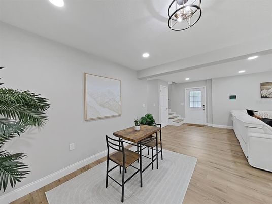 Dining room, Interior, Recessed Lighting, Wood Texture Flooring