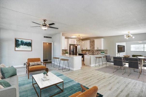 Dining room, Interior, Kitchen, Living room, Pendant Lights, Stainless Steel Appliances, Wood Texture Flooring
