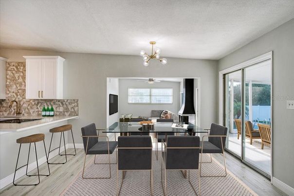 Chandelier, Dining room, Interior, Wood Texture Flooring