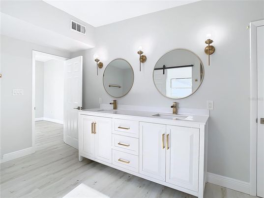 Bathroom, Dual Sink Vanities, Interior, Wood Texture Flooring