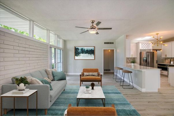 Interior, Kitchen, Living room, Pendant Lights, Stainless Steel Appliances, Stone Walls, Wood Texture Flooring