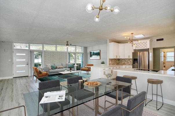 Dining room, Interior, Kitchen, Living room, Pendant Lights, Stainless Steel Appliances, Wood Texture Flooring
