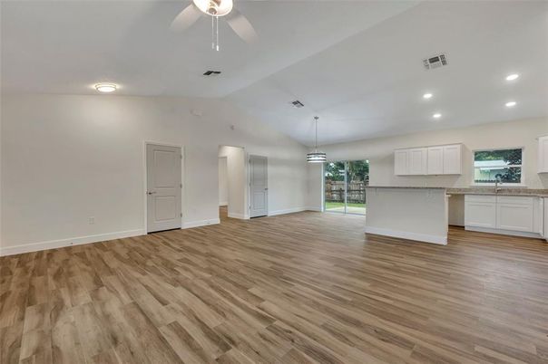 Empty room, Interior, Kitchen, Pendant Lights, Recessed Lighting, Wood Texture Flooring