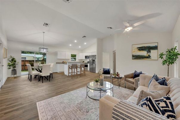 Dining room, Interior, Kitchen, Living room, Pendant Lights, Recessed Lighting, Stainless Steel Appliances, Wood Texture Flooring