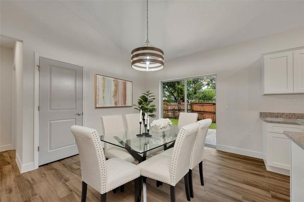 Dining room, Interior, Pendant Lights, Wood Texture Flooring