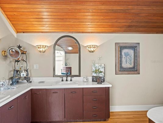 Bathroom, Dual Sink Vanities, Interior, Wooden Ceilings, Wood Texture Flooring