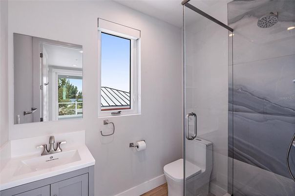 Bathroom, Glass Shower, Interior, Recessed Lighting, Wood Texture Flooring
