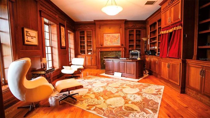 Home Office, Interior, Pendant Lights, Wood Texture Flooring, Wooden Walls