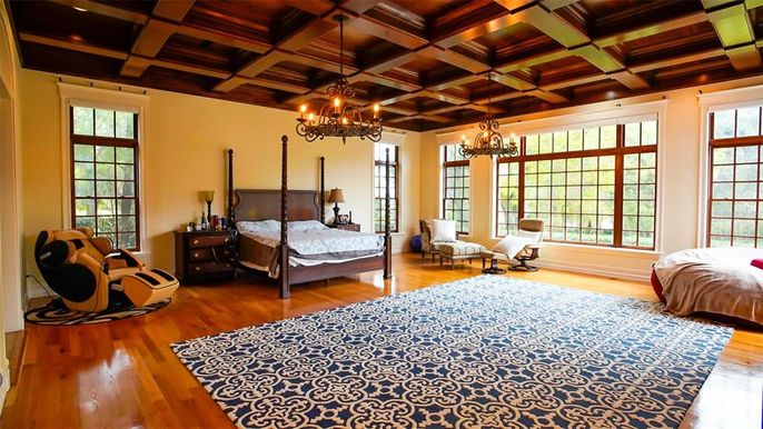 Bedroom, Chandelier, Interior, Wooden Beams, Wooden Ceilings, Wood Texture Flooring