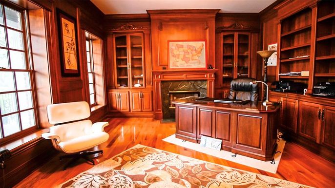 Fireplace, Home Office, Interior, Wood Texture Flooring, Wooden Walls