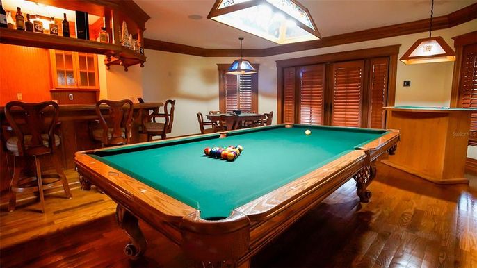 Billiard Table, Game Room, Interior, Pendant Lights, Wood Texture Flooring