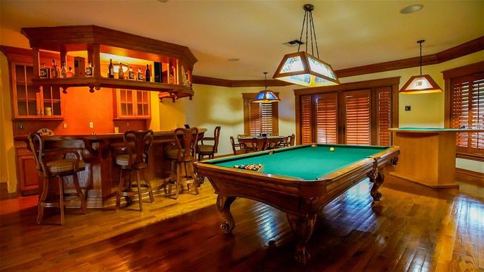 Billiard Table, Game Room, Interior, Pendant Lights, Recessed Lighting, Wood Texture Flooring