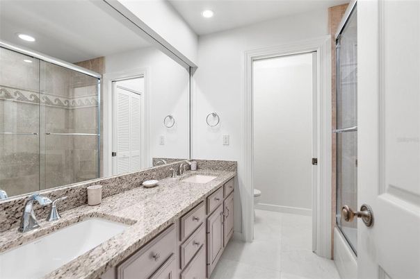Bathroom, Dual Sink Vanities, Glass Shower, Interior, Recessed Lighting