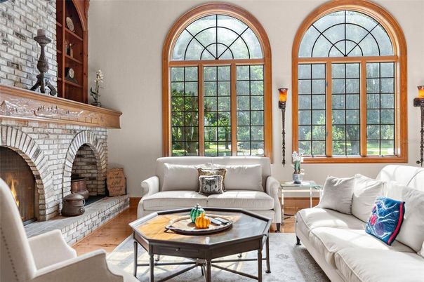 Fireplace, Interior, Living room, Stone Walls, Wood Texture Flooring