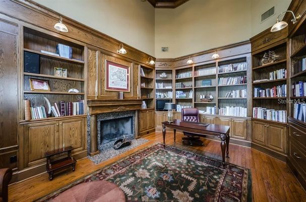 Fireplace, Home Office, Interior, Wood Texture Flooring, Wooden Walls