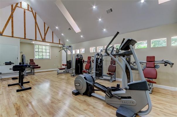 Fitness Equipment, Gym, Interior, Recessed Lighting, Wood Texture Flooring