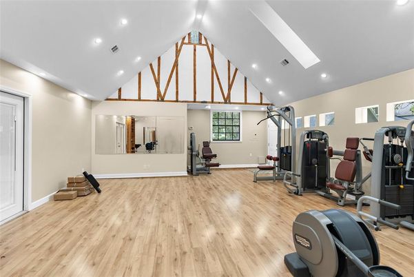 Fitness Equipment, Gym, Interior, Recessed Lighting, Wood Texture Flooring