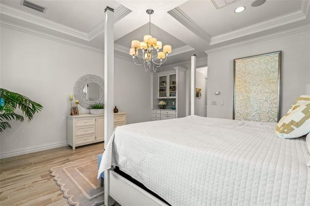 Bedroom, Chandelier, Interior, Recessed Lighting, Wood Texture Flooring