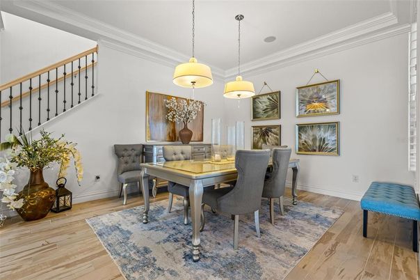Dining room, Interior, Pendant Lights, Wood Texture Flooring