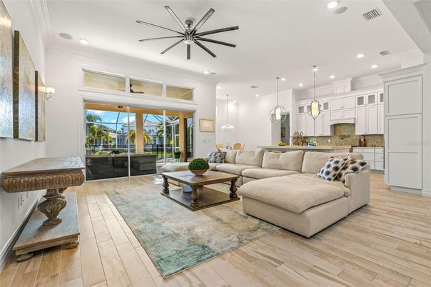 Interior, Kitchen, Living room, Pendant Lights, Recessed Lighting, Wood Texture Flooring