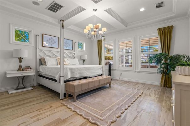 Bedroom, Chandelier, Interior, Recessed Lighting, Wood Texture Flooring