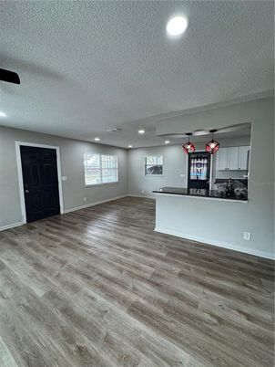 Empty room, Interior, Pendant Lights, Recessed Lighting, Wood Texture Flooring