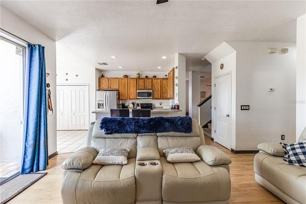 Interior, Kitchen, Living room, Recessed Lighting, Stainless Steel Appliances, Wood Texture Flooring