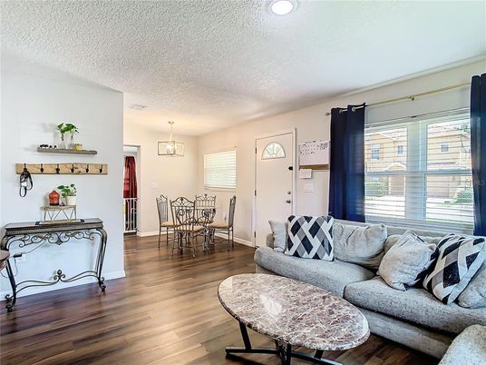 Dining room, Interior, Living room, Pendant Lights, Recessed Lighting, Wood Texture Flooring