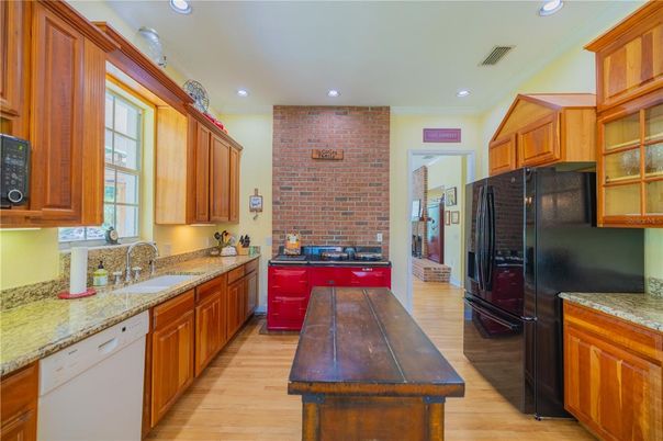 Interior, Kitchen, Recessed Lighting, Stone Walls, Wood Texture Flooring