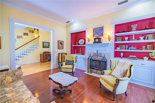 Fireplace, Interior, Recessed Lighting, Wood Texture Flooring