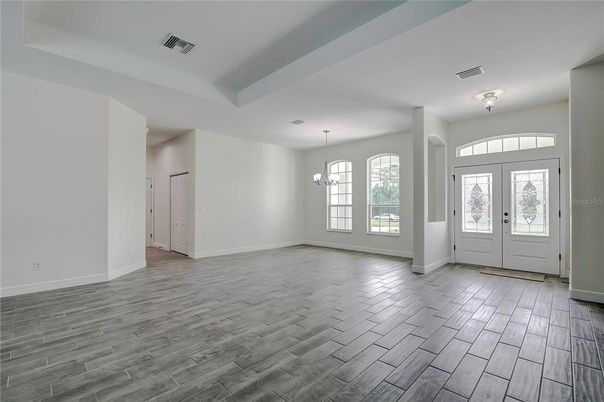 Chandelier, Empty room, Interior, Pendant Lights, Wood Texture Flooring