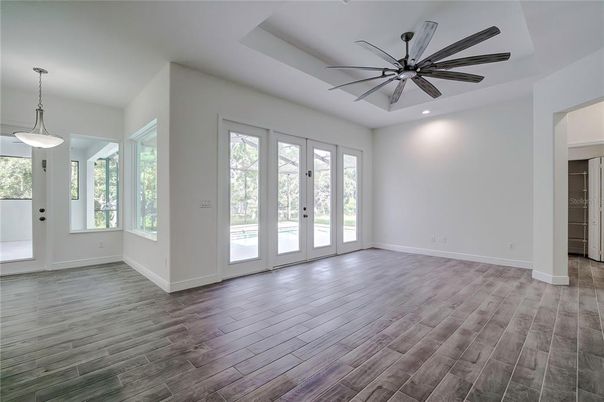 Empty room, Interior, Pendant Lights, Recessed Lighting, Wood Texture Flooring