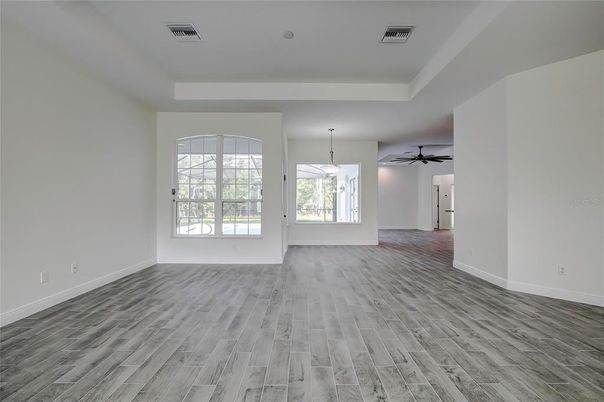 Empty room, Interior, Pendant Lights, Wood Texture Flooring