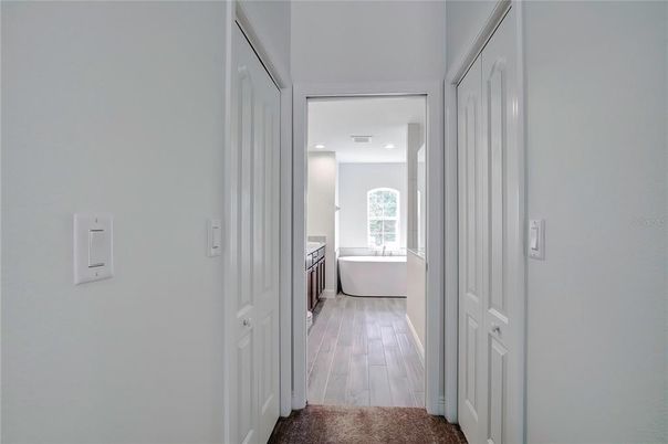 Bathroom, Free Standing Baths, Interior, Recessed Lighting, Wood Texture Flooring