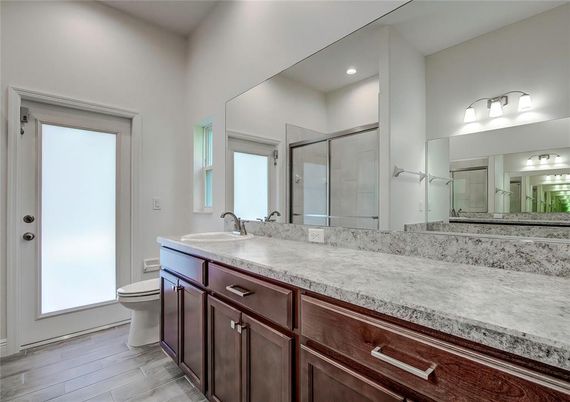 Bathroom, Glass Shower, Interior, Recessed Lighting, Wood Texture Flooring