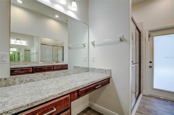 Bathroom, Glass Shower, Interior, Recessed Lighting, Wood Texture Flooring