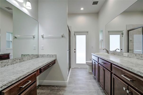 Bathroom, Dual Sink Vanities, Interior, Recessed Lighting, Wood Texture Flooring