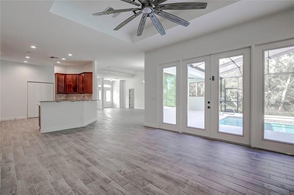Empty room, Interior, Kitchen, Recessed Lighting, Wood Texture Flooring