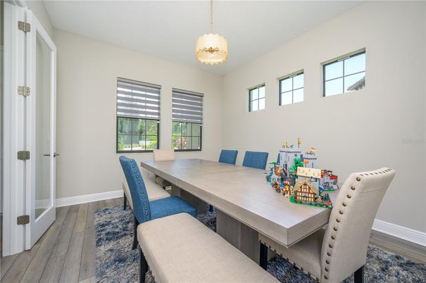 Dining room, Interior, Pendant Lights, Wood Texture Flooring
