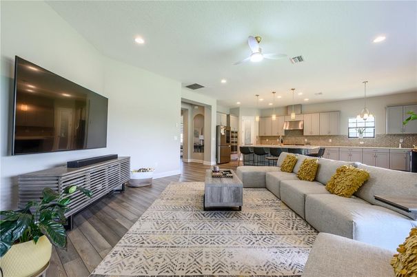 Interior, Kitchen, Living room, Pendant Lights, Recessed Lighting, Stainless Steel Appliances, Wood Texture Flooring