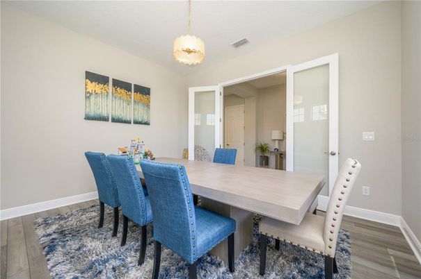 Dining room, Interior, Pendant Lights, Wood Texture Flooring