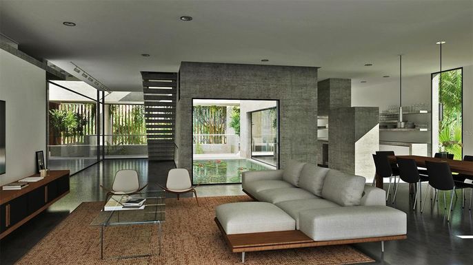 Dining room, Interior, Living room, Pendant Lights, Recessed Lighting, Wood Texture Flooring