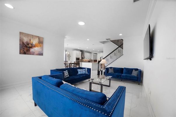 Dining room, Interior, Kitchen, Living room, Marble, Pendant Lights, Recessed Lighting