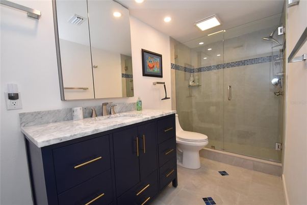 Bathroom, Dual Sink Vanities, Glass Shower, Interior, Recessed Lighting
