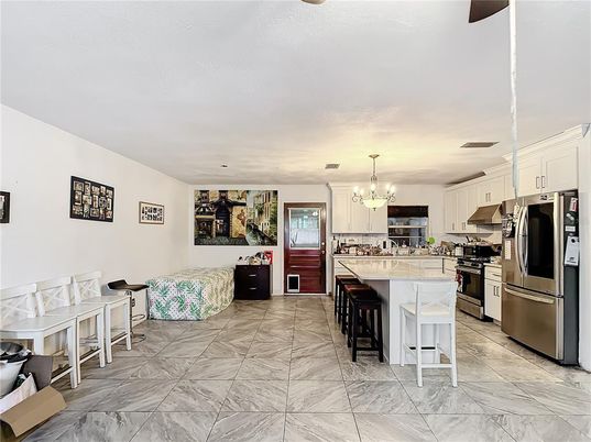 Chandelier, Interior, Kitchen, Marble, Stainless Steel Appliances