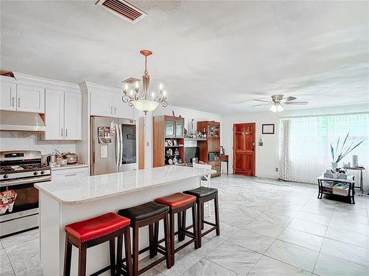 Chandelier, Interior, Kitchen, Marble, Pendant Lights, Stainless Steel Appliances