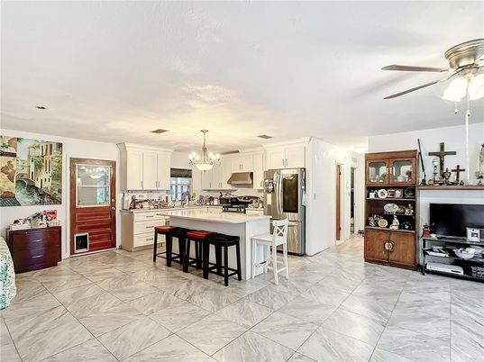 Chandelier, Interior, Kitchen, Marble, Stainless Steel Appliances