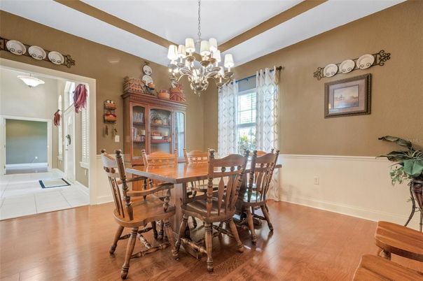 Chandelier, Dining room, Interior, Wood Texture Flooring